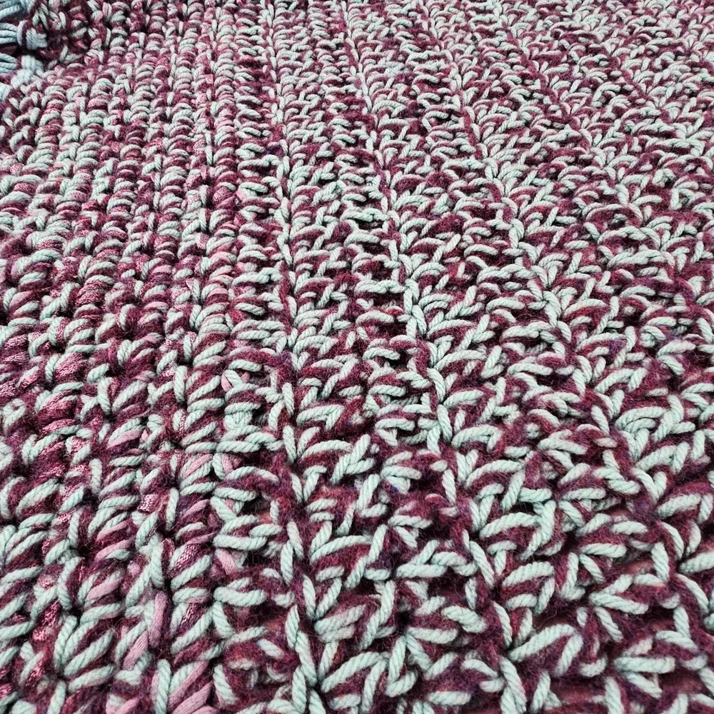 Handmade Crochet Blanket Throw Burgundy Teal Fringe Cozy Afghan‎ Home Decor Gift
